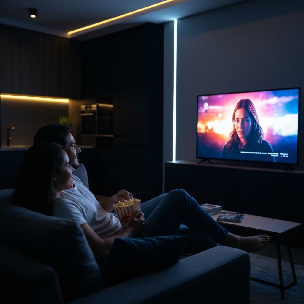 Casal assistindo streaming de filmes por IPTV em TV de alta definicao na sala