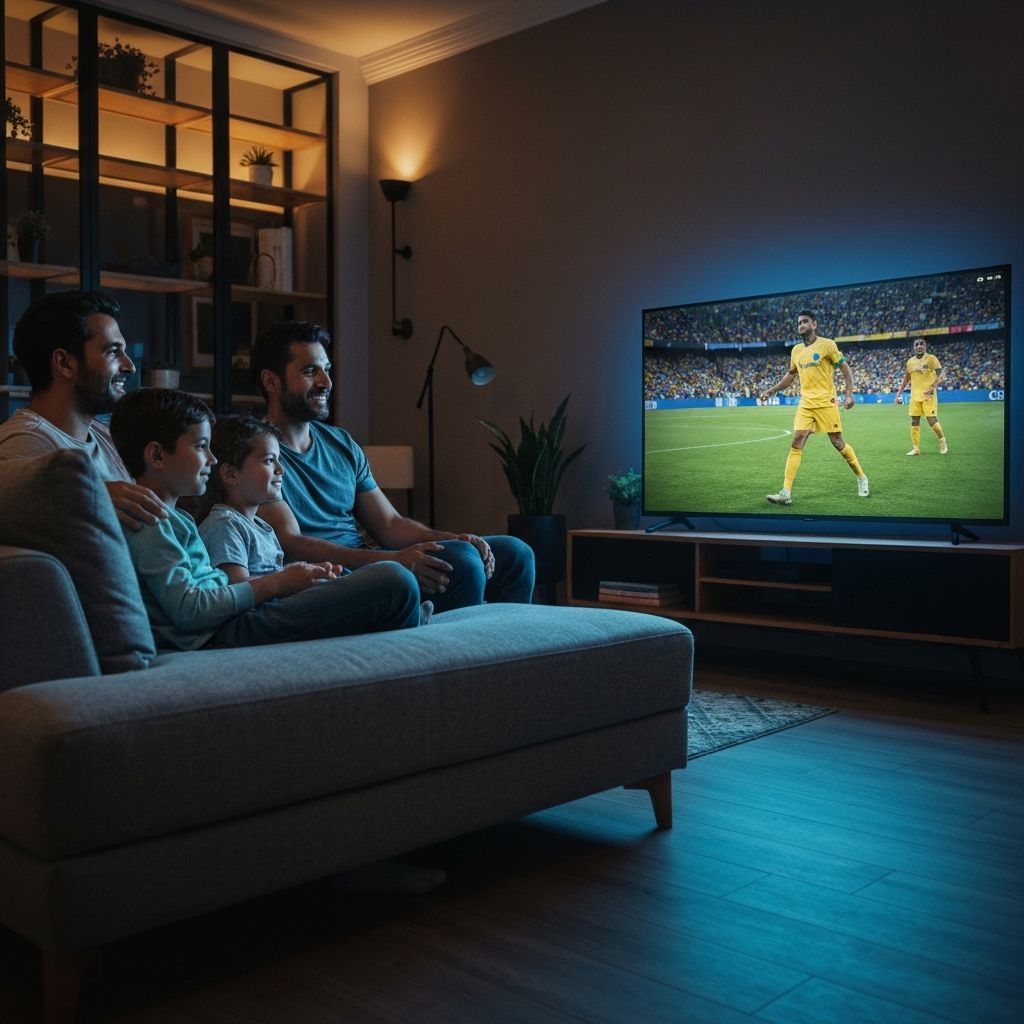 Familia brasileira assistindo canais ao vivo por IPTV em Smart TV 4K na sala de estar