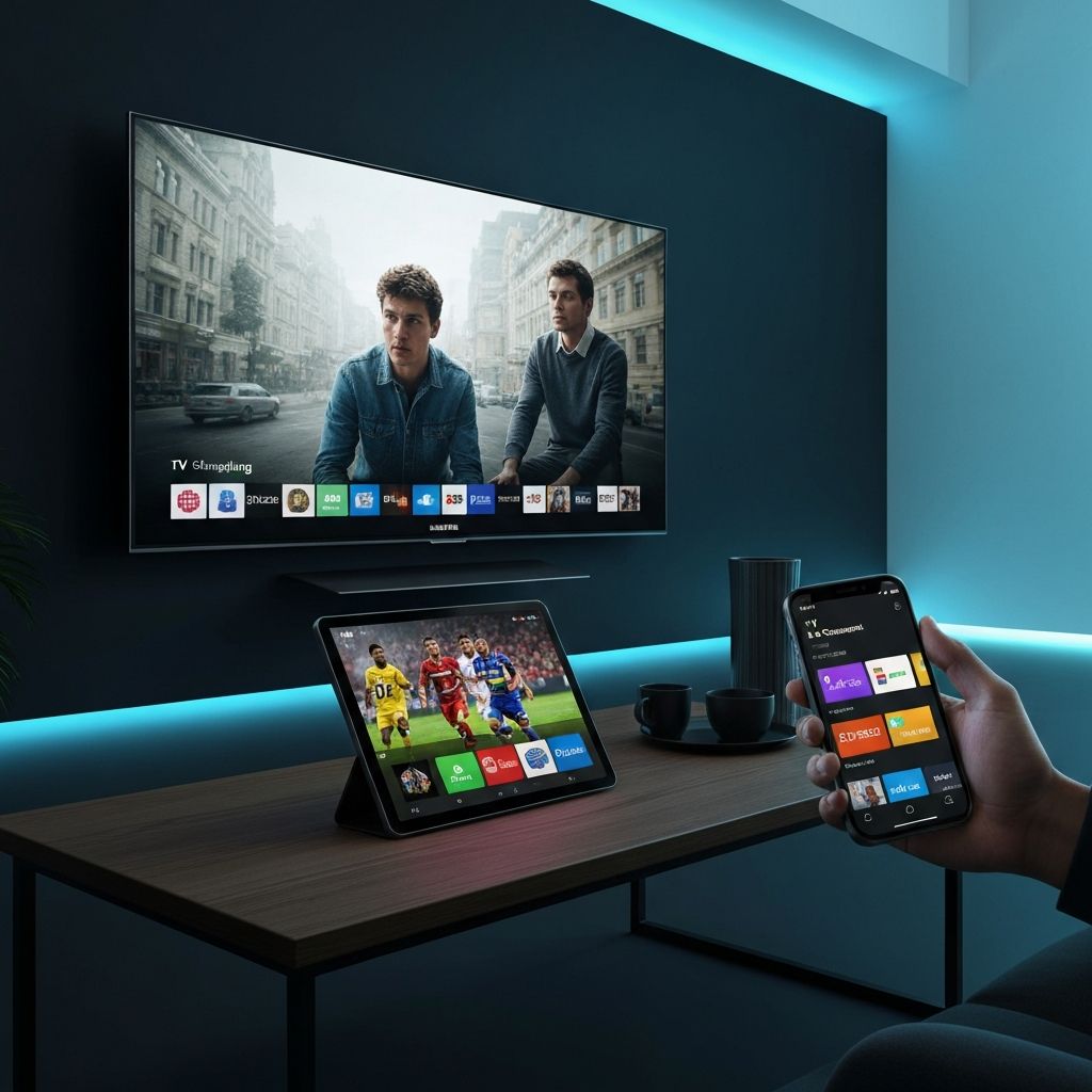 Servico IPTV funcionando em multiplos dispositivos como Smart TV, tablet e celular simultaneamente